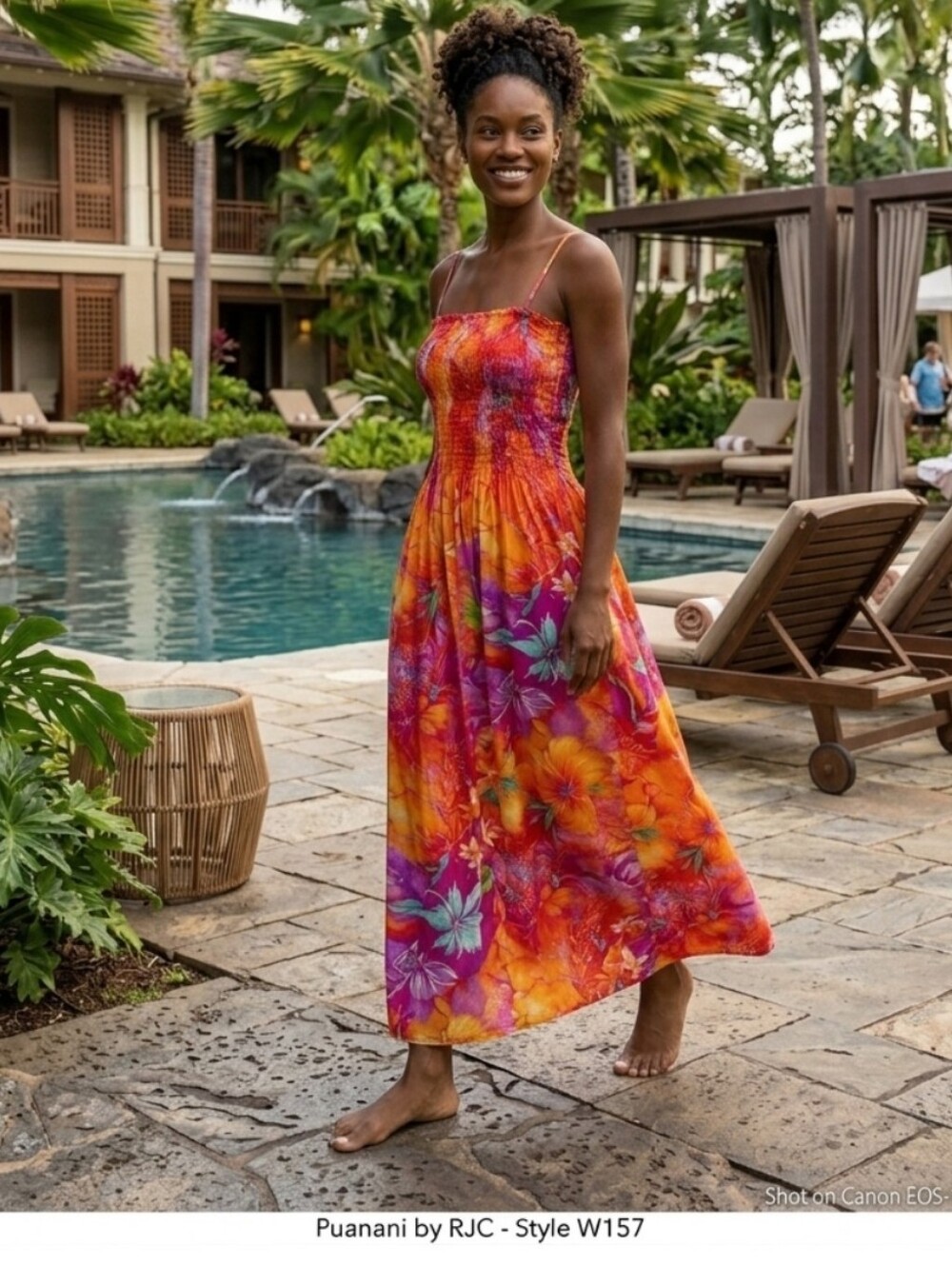 Vintage Puanani Vibrant Red Orange Hibiscus Floral Smocked Tube Dress Size M